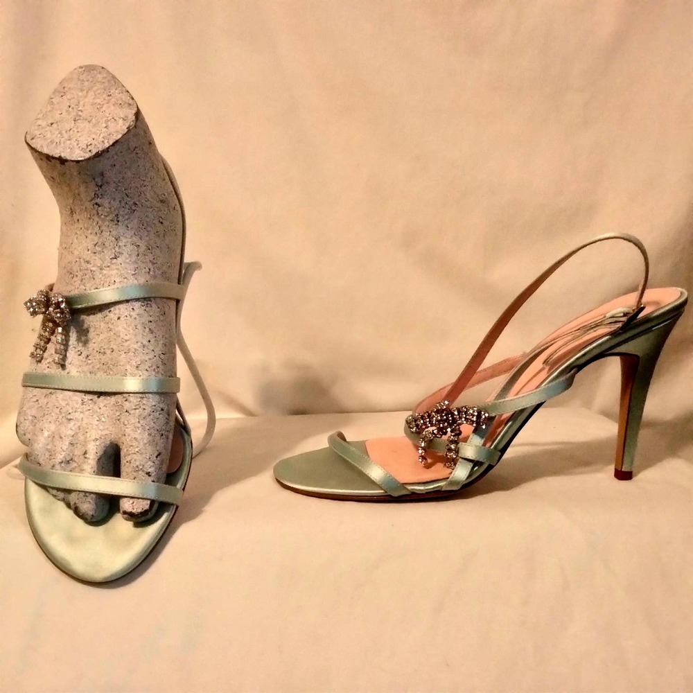 Kate Spade Pale Aqua Satin Rhinestone Bow High Heels Sandals Shoes 8 B